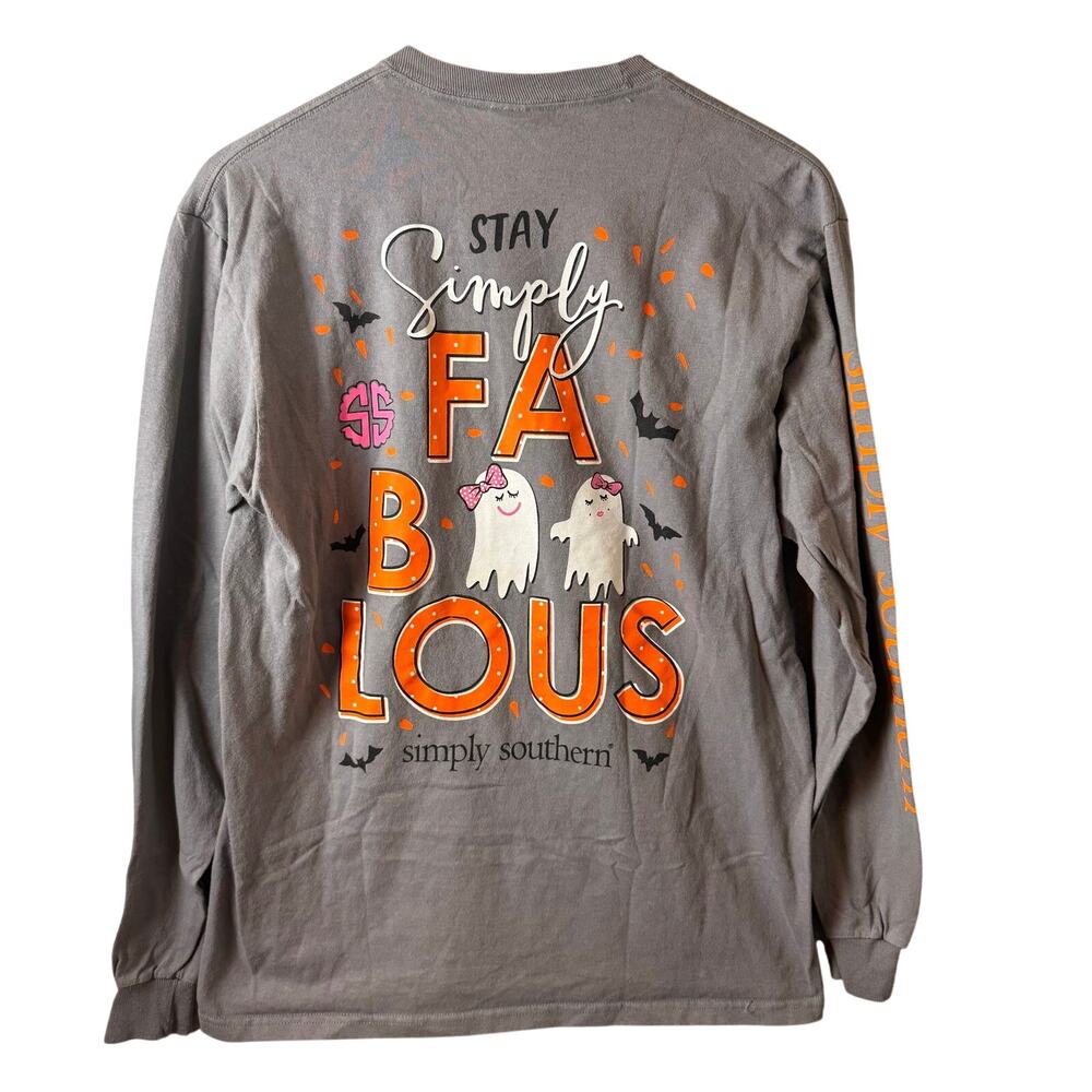 Simply Southern Halloween Graphic Long Sleeve Shirt Womens Medium Ghost Bat Gray